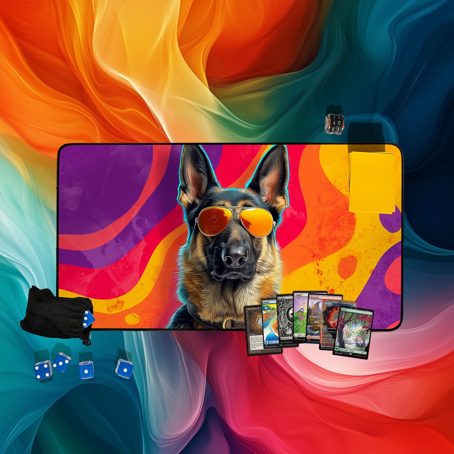 German Shepherd Aviator Dog Playmat | Heroic Pup with Sunglasses | TCG Mat for Dog Lovers and Pet Fans