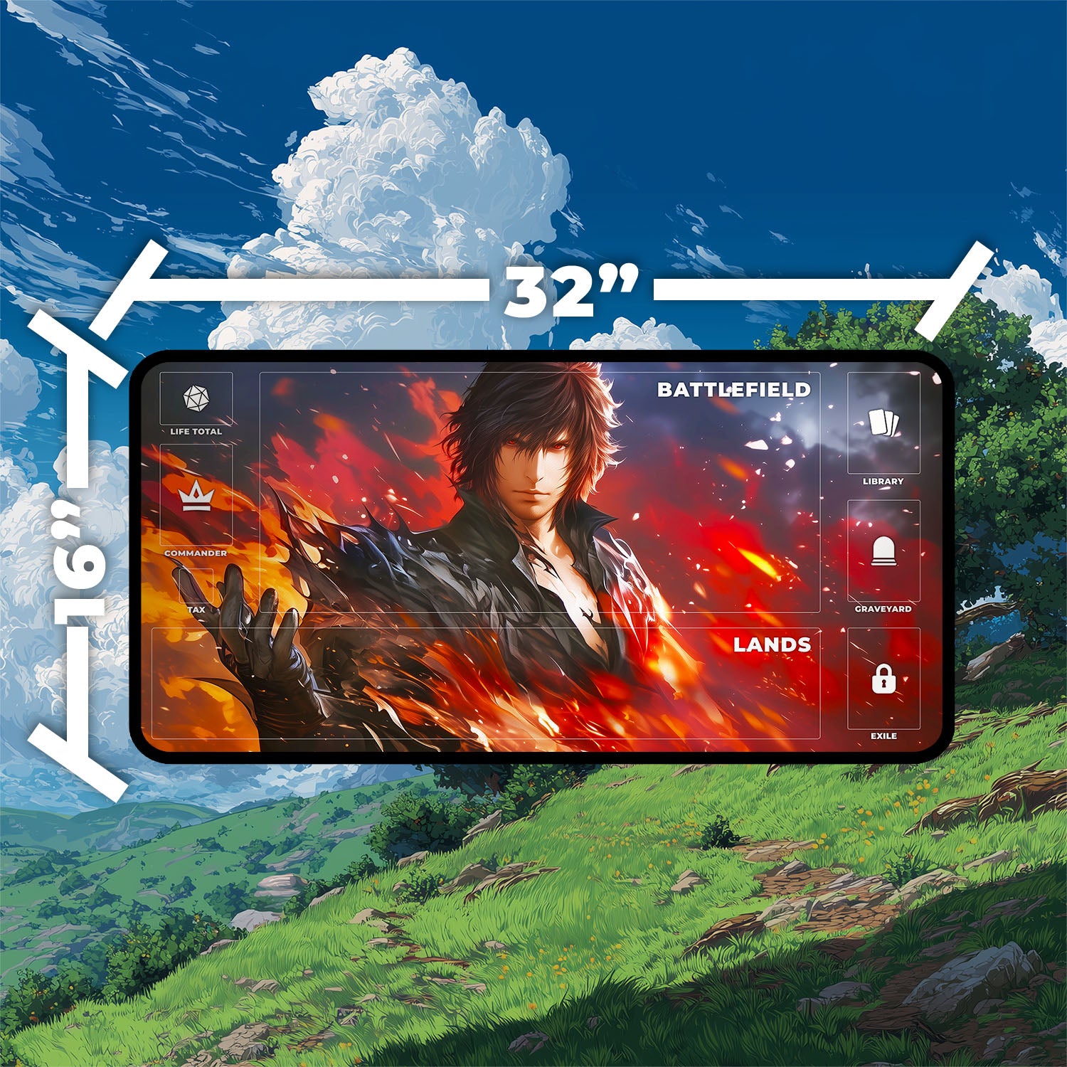 Clive, Ifrit’s Dominant Playmat | Final Fantasy Playmat | Iconic Fantasy Warrior Playmat with Zones Option | 24x14 | 22x12 | 32x16 Sizes