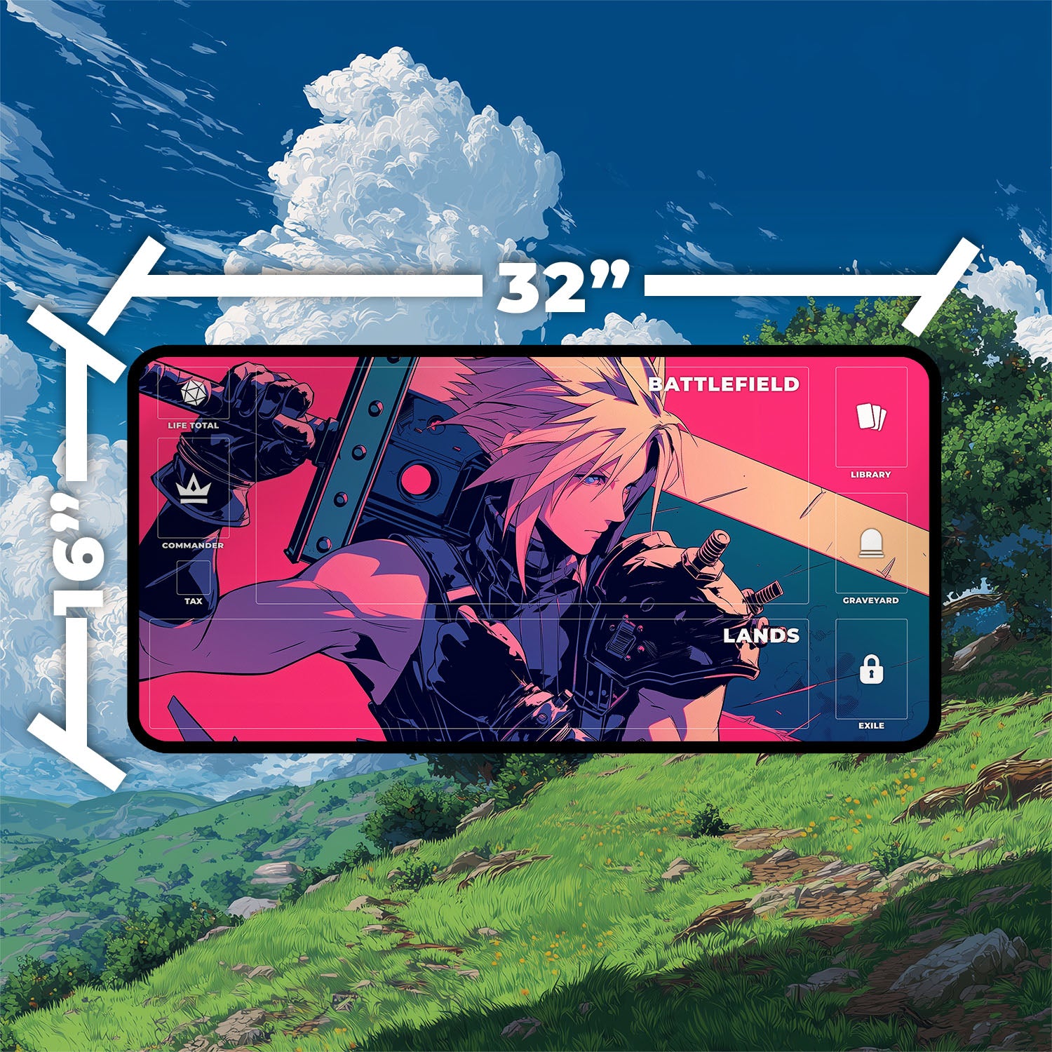 Cloud Strife Playmat | Final Fantasy Playmat | Iconic Fantasy Hero Playmat with Zones Option | 24x14 | 22x12 | 32x16 Sizes