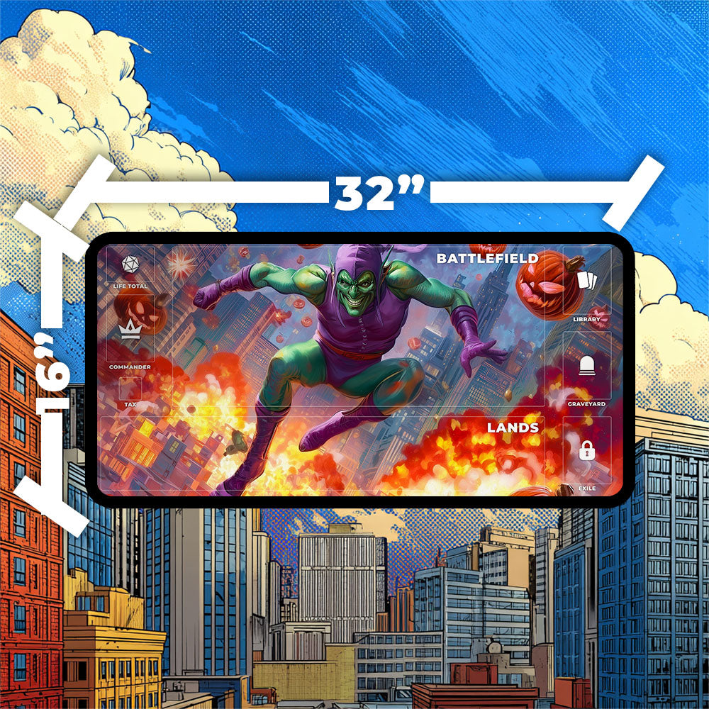 Green Goblin Playmat | Magic the Gathering Playmat | New York Mayhem Villain with Zones Option | 24x14 | 32x16