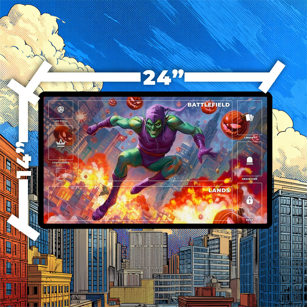 Green Goblin Playmat | Magic the Gathering Playmat | New York Mayhem Villain with Zones Option | 24x14 | 32x16