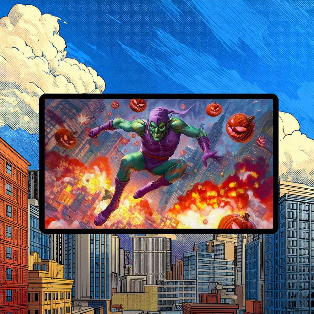 Green Goblin Playmat | Magic the Gathering Playmat | New York Mayhem Villain with Zones Option | 24x14 | 32x16