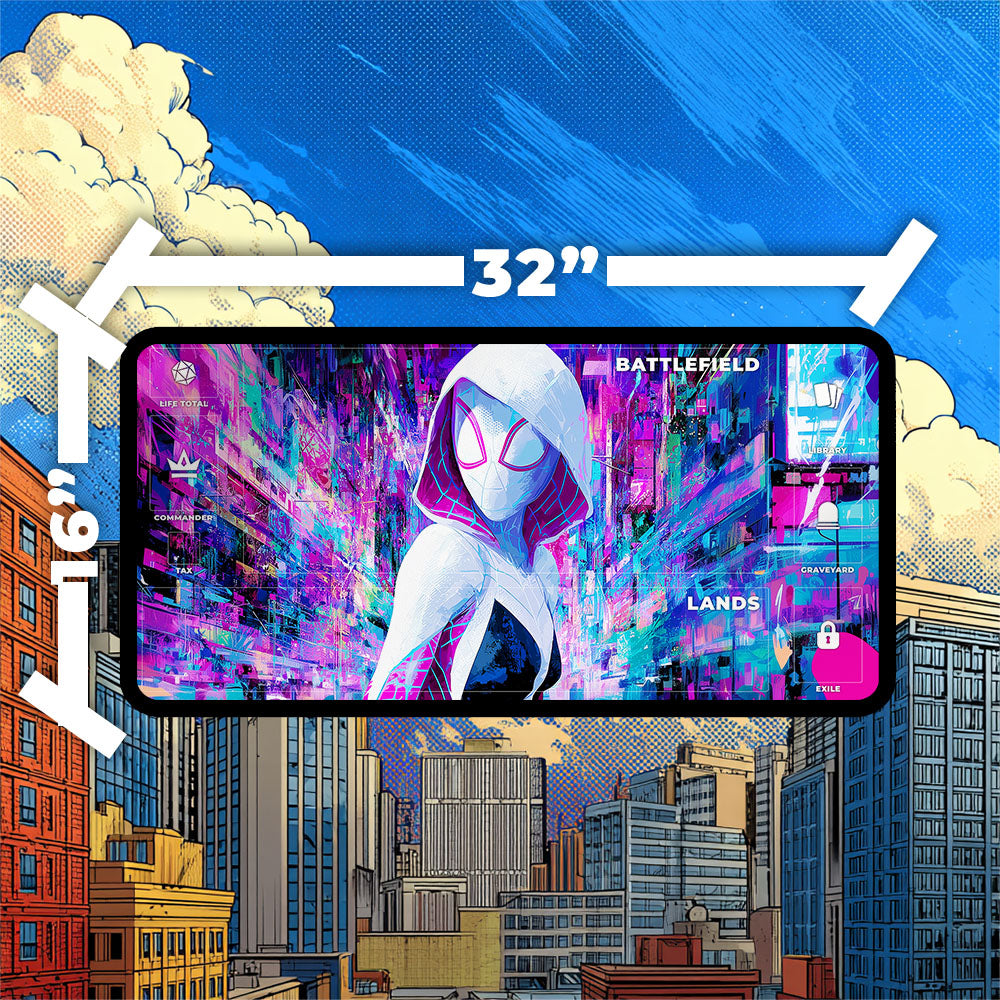 Spider-Gwen Playmat | Magic the Gathering Playmat | Trippy Multiverse Spiderverse TCG Mat With Zones Option | 24x14 | 32x16 Sizes