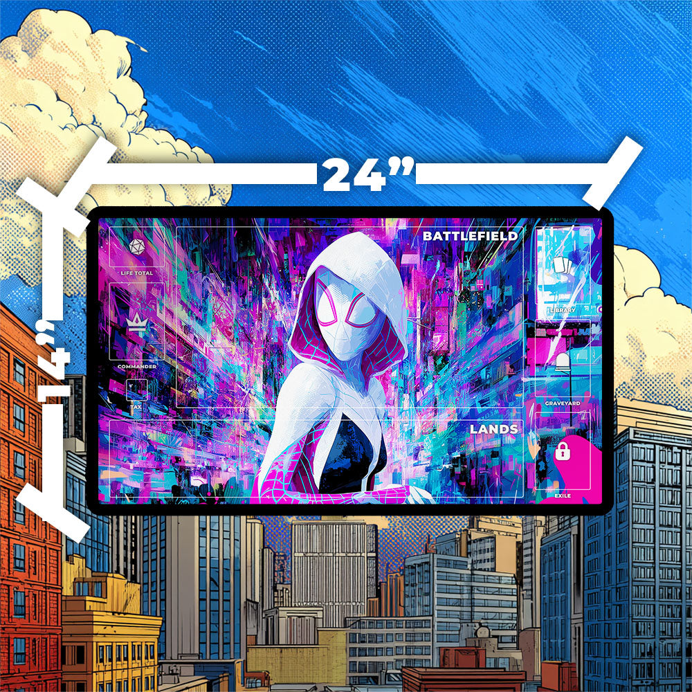 Spider-Gwen Playmat | Magic the Gathering Playmat | Trippy Multiverse Spiderverse TCG Mat With Zones Option | 24x14 | 32x16 Sizes