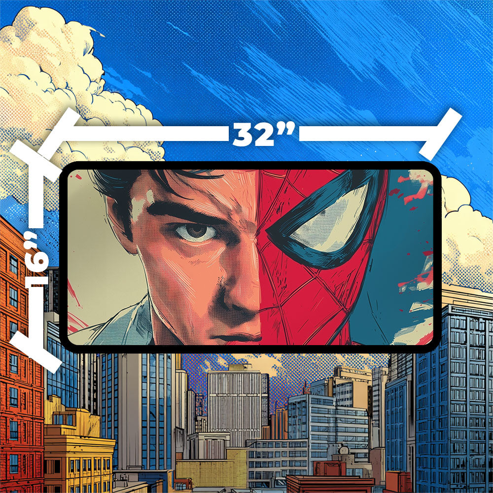 Peter Parker Spider-Man Playmat | Magic the Gathering Playmat | Half Mask Hero with Zones Option | 24x14 | 32x16