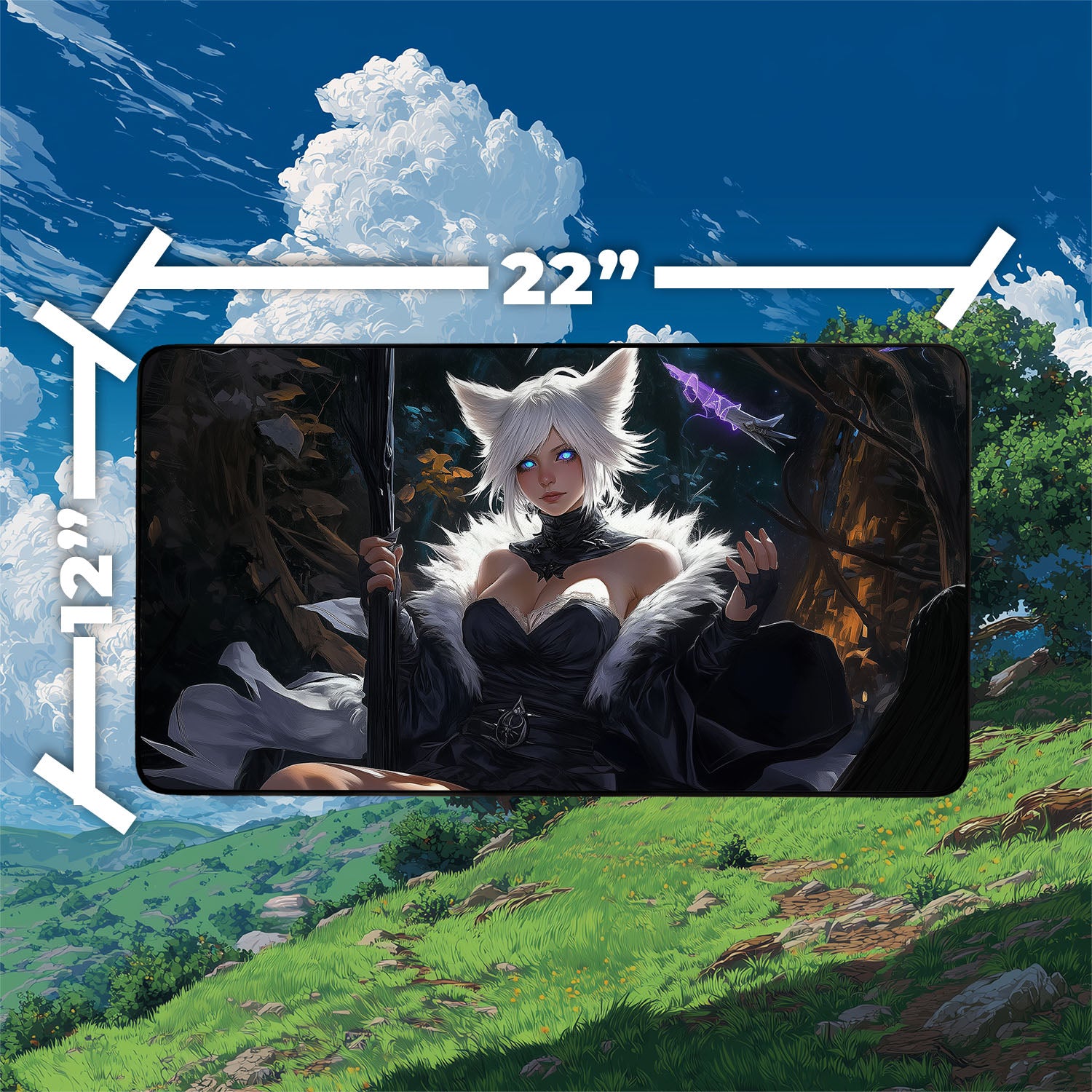 Y’shtola, Night’s Blessed Playmat | Final Fantasy Playmat | Cat Warlock Playmat with Zones Option | 24x14 | 22x12 | 32x16 Sizes