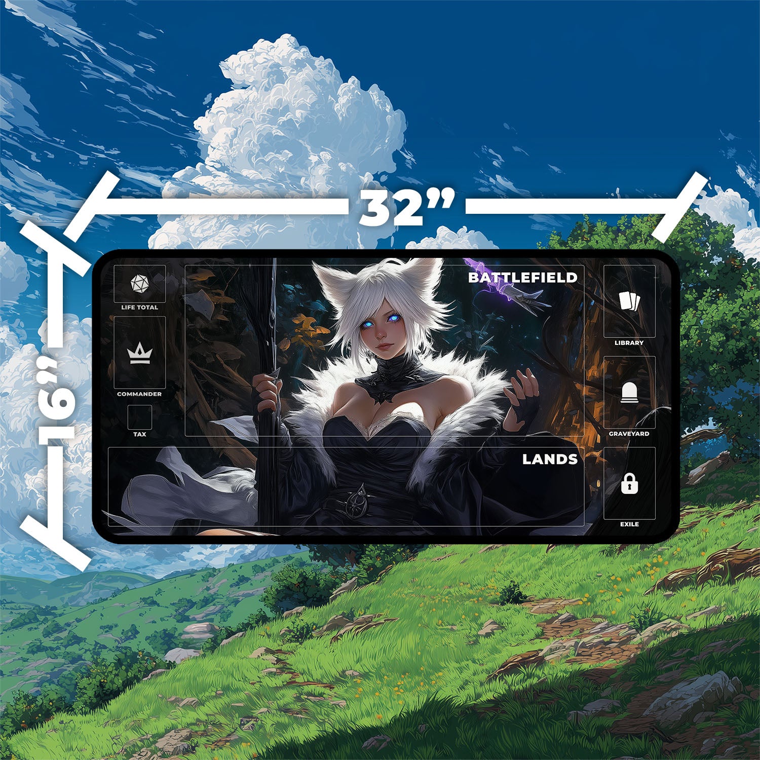 Y’shtola, Night’s Blessed Playmat | Final Fantasy Playmat | Cat Warlock Playmat with Zones Option | 24x14 | 22x12 | 32x16 Sizes