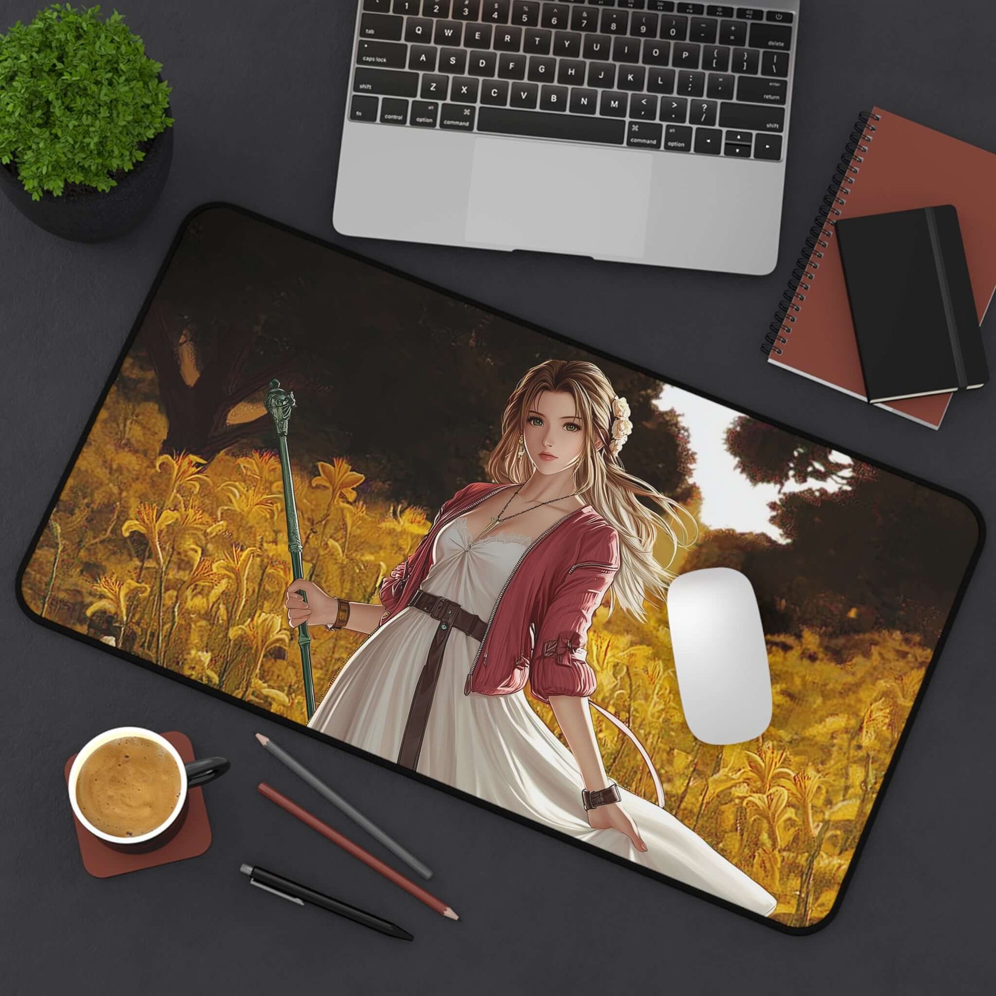 Aerith Gainsborough Playmat | Final Fantasy Playmat | Iconic Fantasy Healer Playmat with Zones Option | 24x14 | 22x12 | 32x16 Sizes