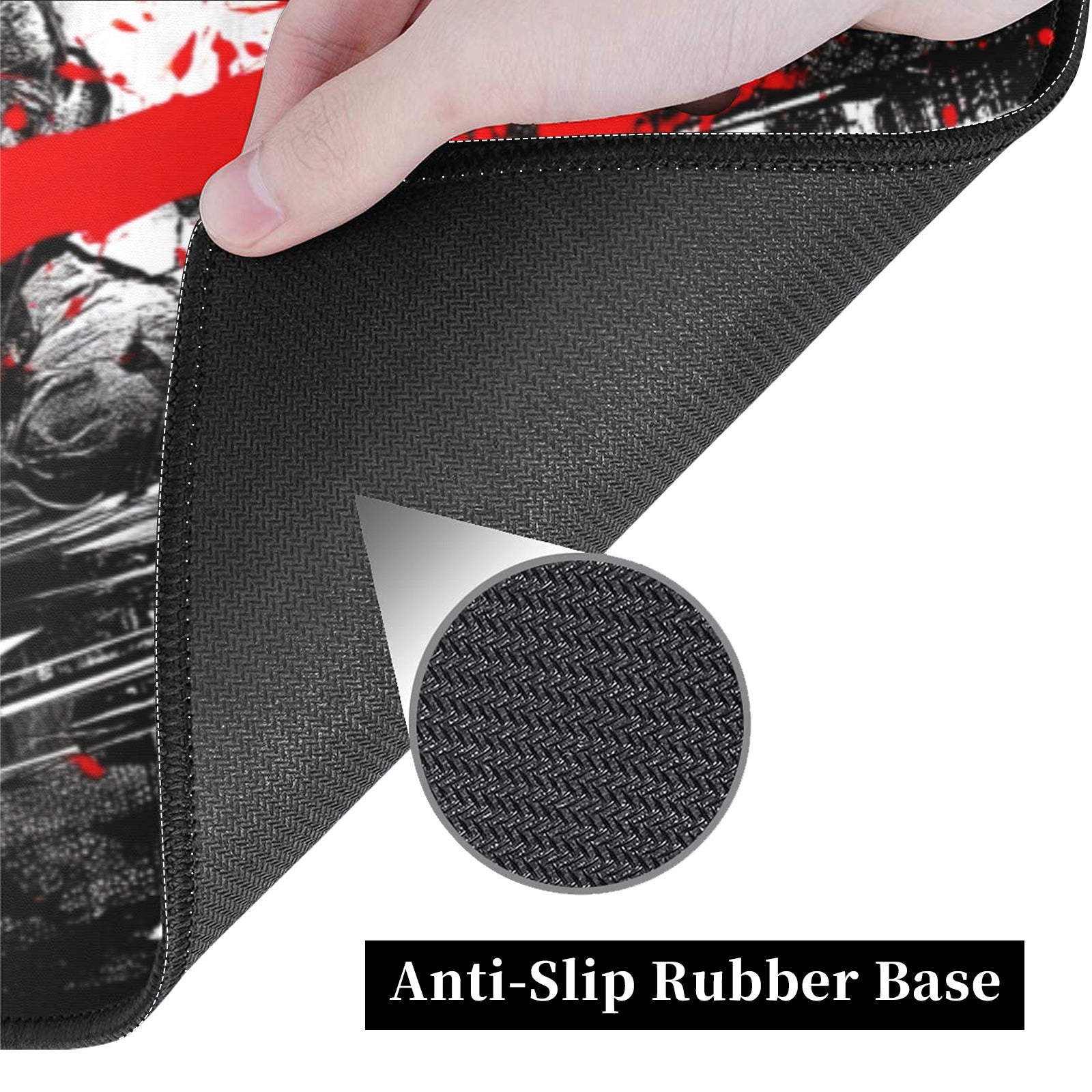 Close-up of the anti-slip rubber base of the Leonardo TMNT borderless playmat, showcasing its textured grip for stability.