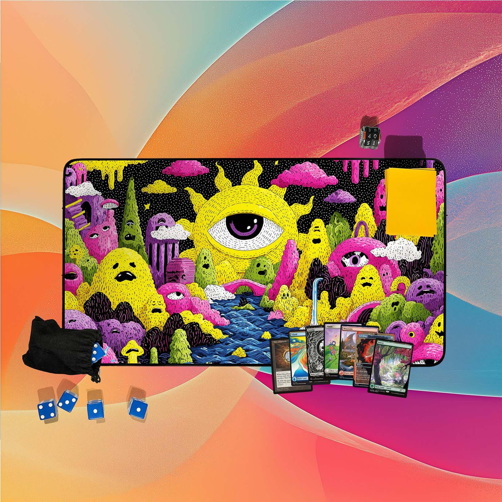 Psychedelic Eye River Playmat | Whimsical Surreal Fantasy TCG Playmat without Zones Option | 24x14 | 22x12 | 32x16 Sizes