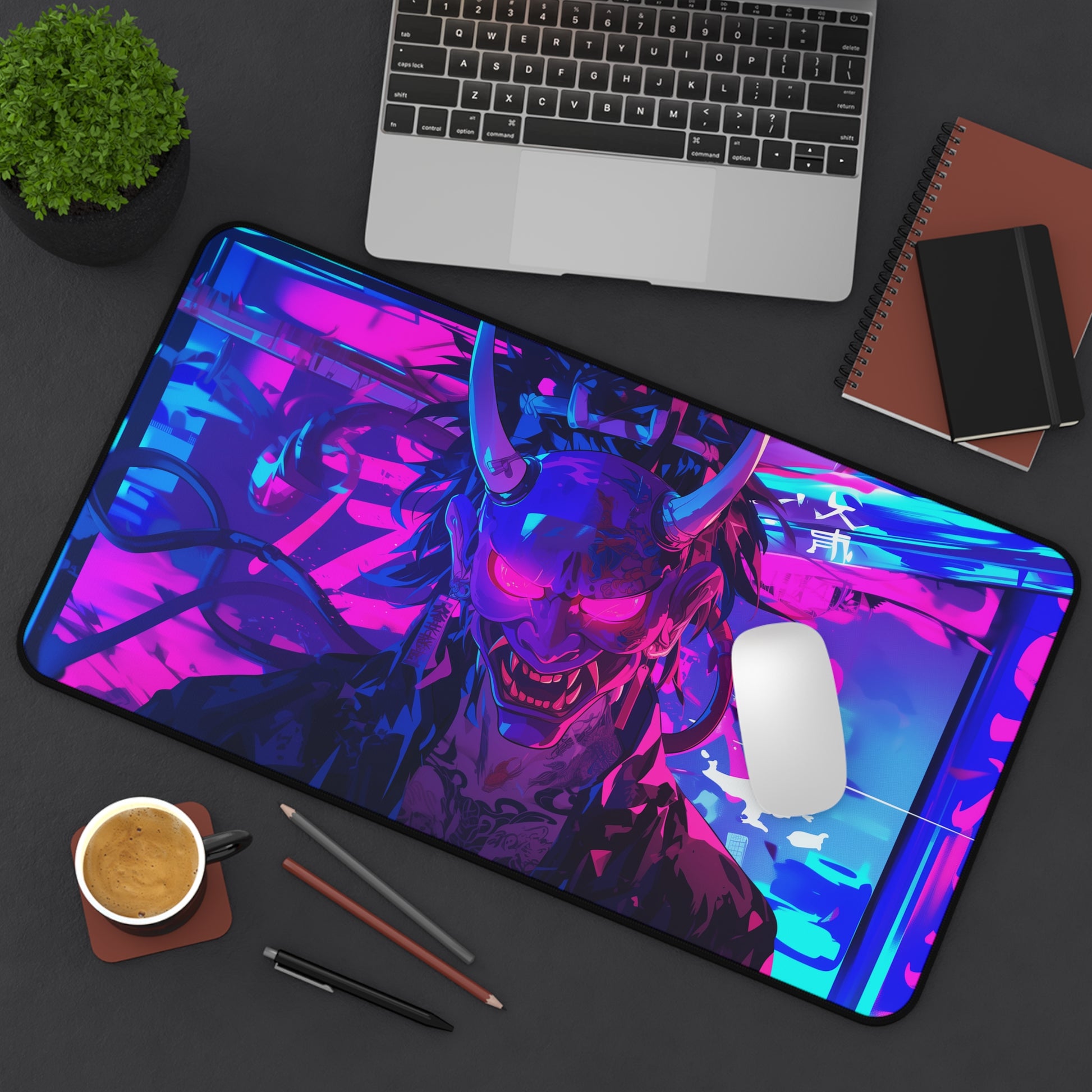 Cyberpunk Oni Mask Playmat | TCG Playmat | Neon Graffiti Playmat with Zones Option | 24x14 | 22x12 | 32x16 Sizes