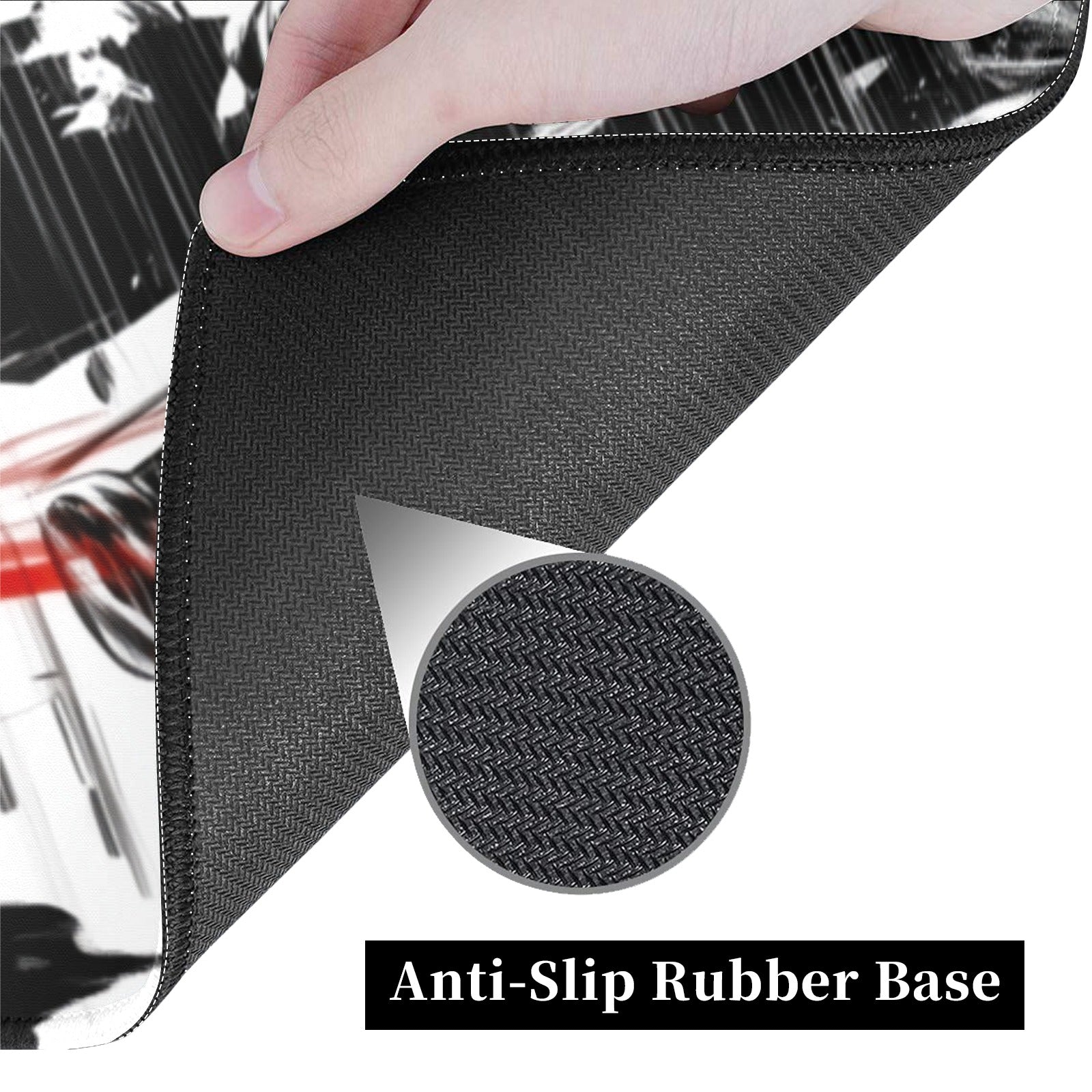 Close-up of the anti-slip rubber base on the Michelangelo TMNT borderless playmat for stability during gameplay.