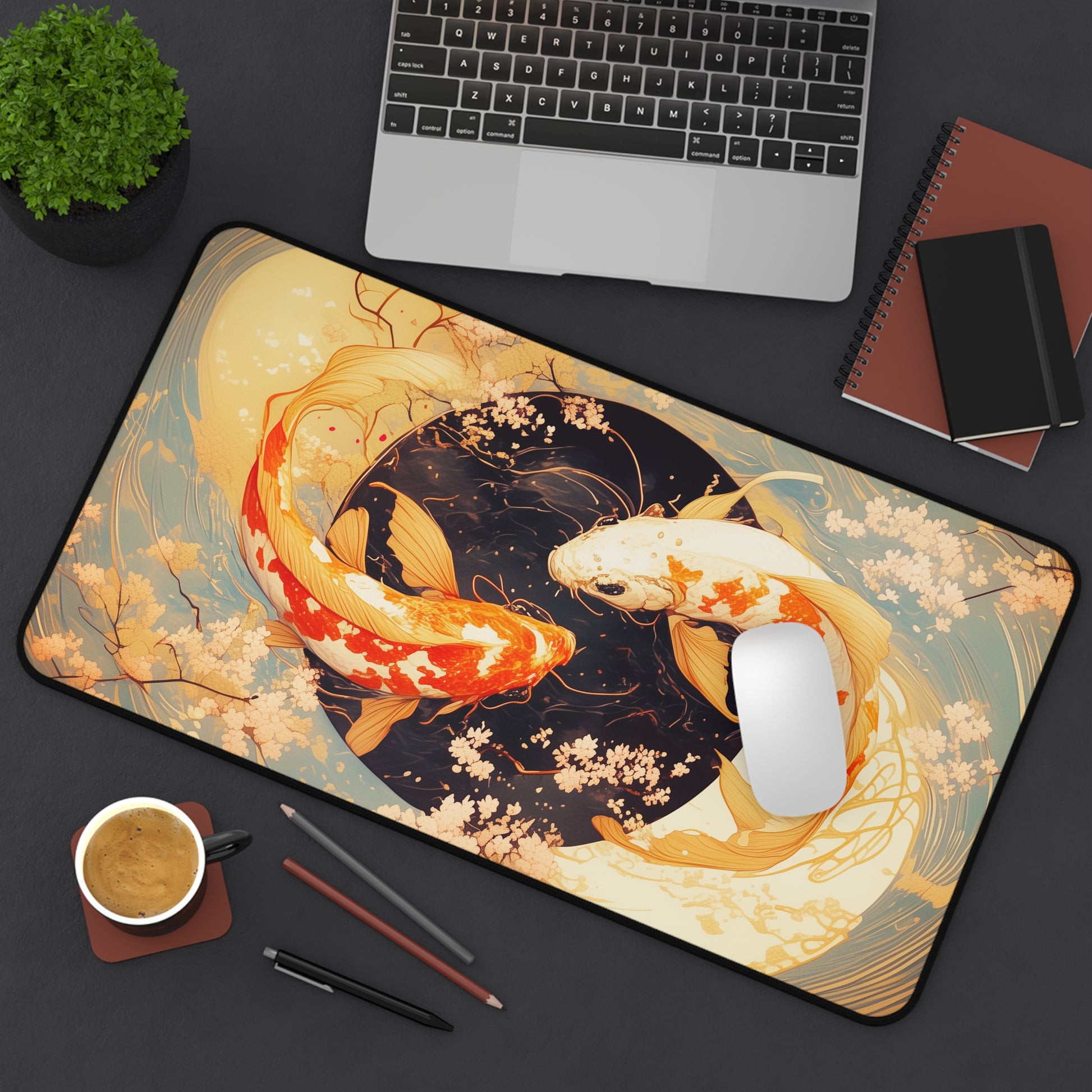 Koi Yin-Yang Playmat | TCG Playmat | Japanese Cherry Blossoms with Zones Option | 24x14 | 22x12 | 32x16 Sizes