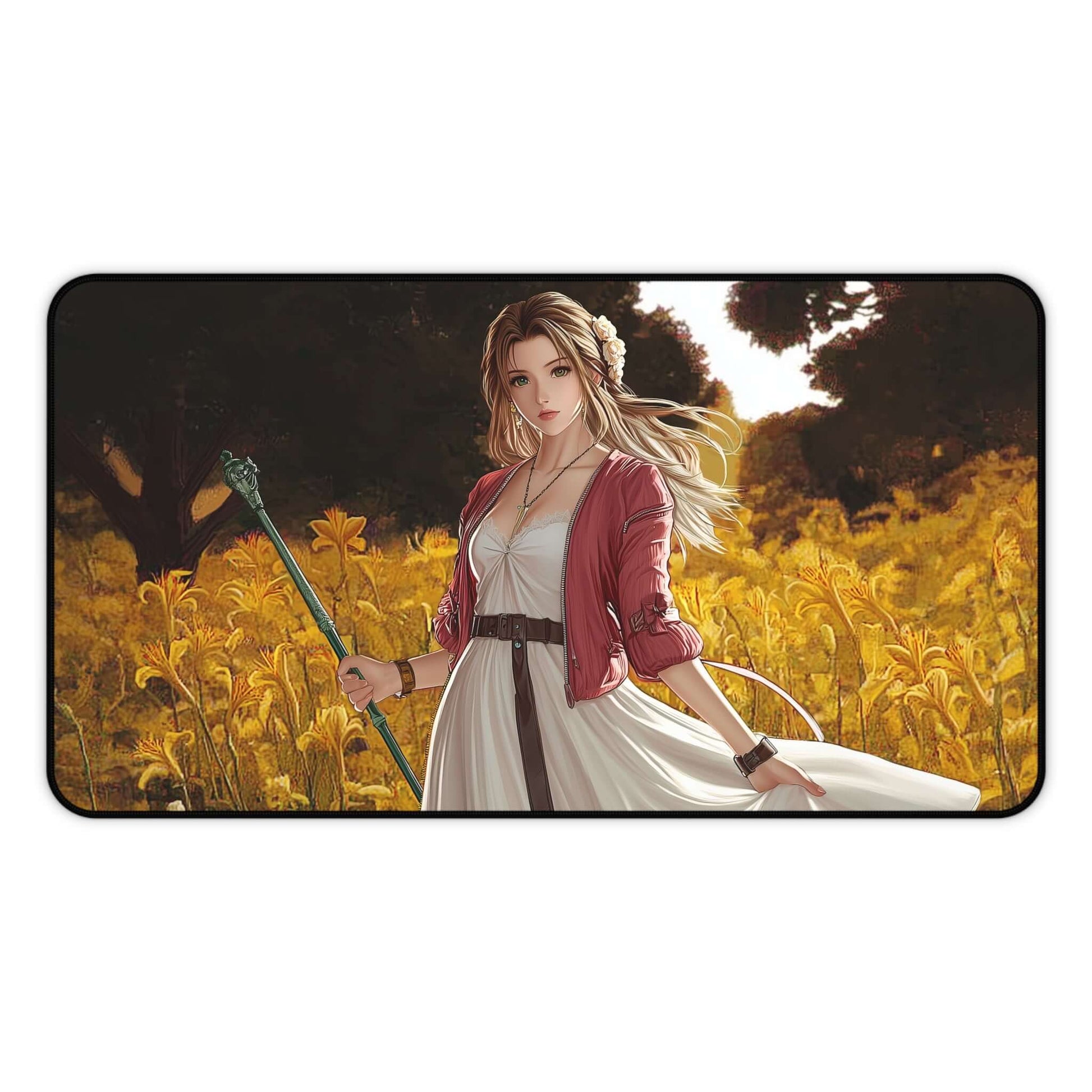 Aerith Gainsborough Playmat | Final Fantasy Playmat | Iconic Fantasy Healer Playmat with Zones Option | 24x14 | 22x12 | 32x16 Sizes