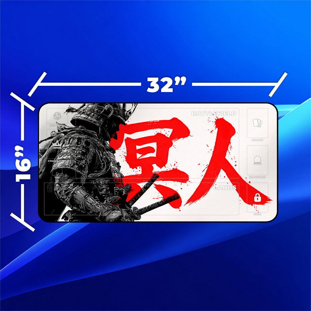 Jin Sakai Playmat | Magic the Gathering Playmat | Samurai Profile Ghost Kanji With MTG Zones Option | 24x14 | 32x16 Sizes