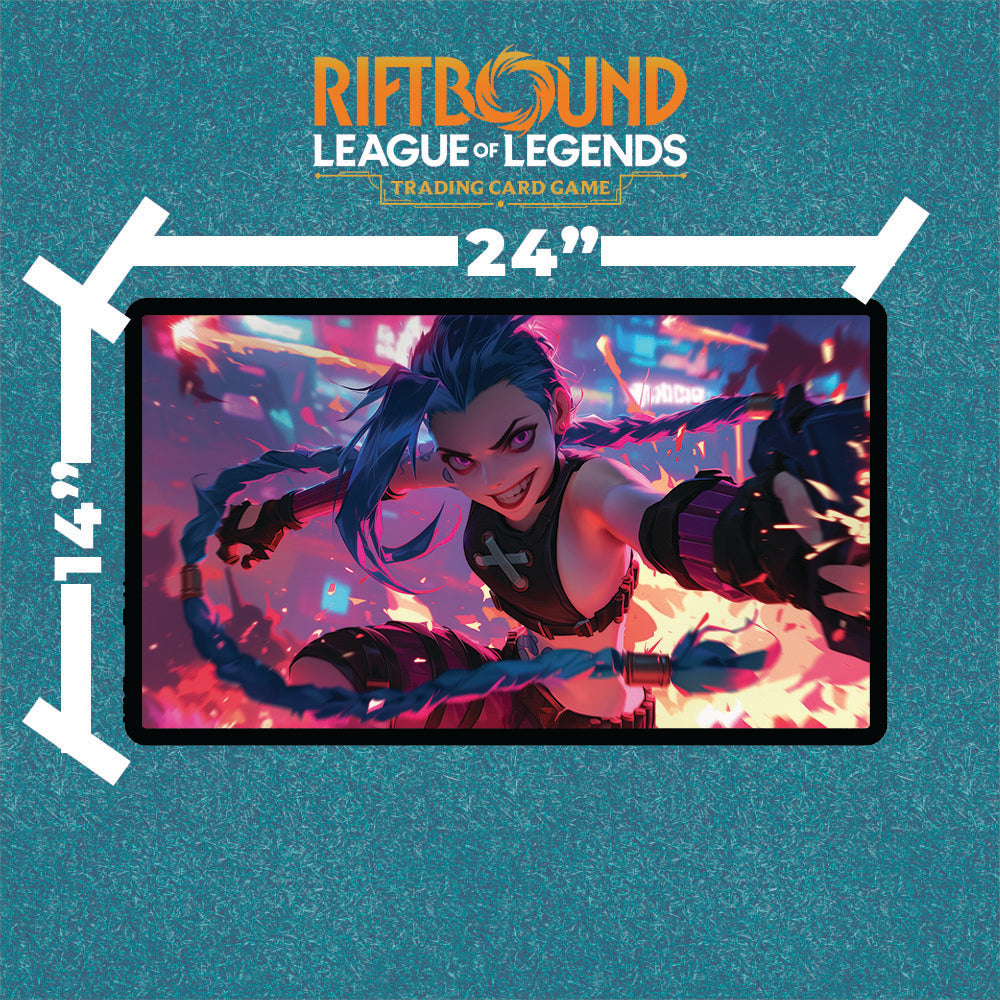Jinx Playmat | Riftbound League of Legends Playmat | Vibrant Action Pose Gaming Mat With or Without Zones | 24x14 Size