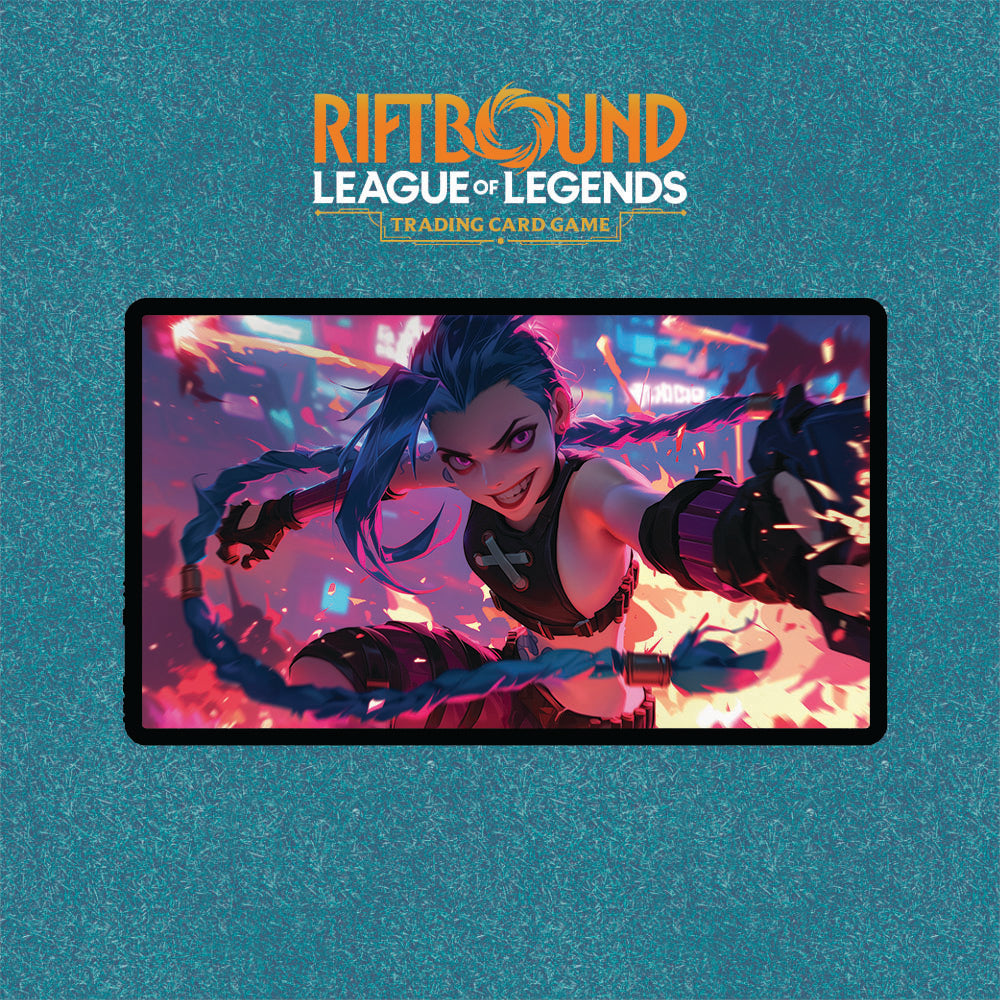 Jinx Playmat | Riftbound League of Legends Playmat | Vibrant Action Pose Gaming Mat With or Without Zones | 24x14 Size