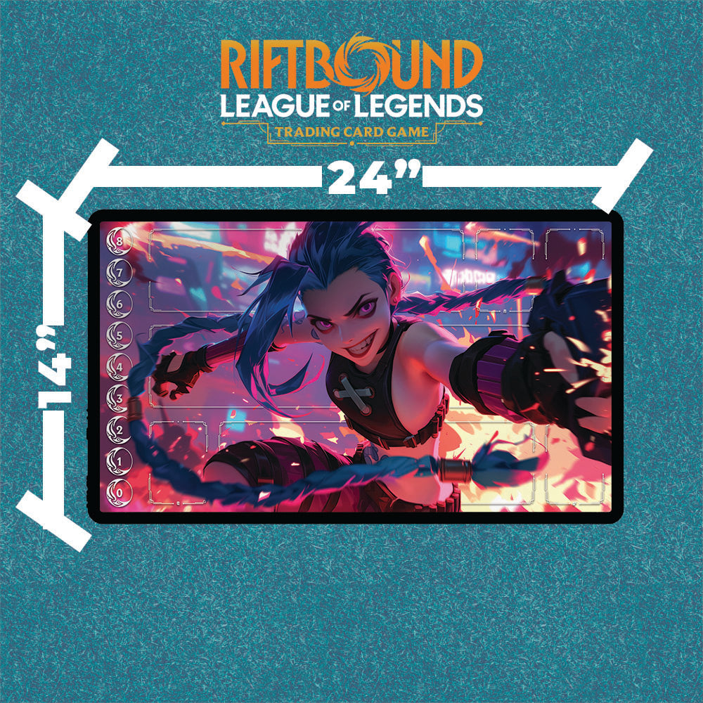 Jinx Playmat | Riftbound League of Legends Playmat | Vibrant Action Pose Gaming Mat With or Without Zones | 24x14 Size