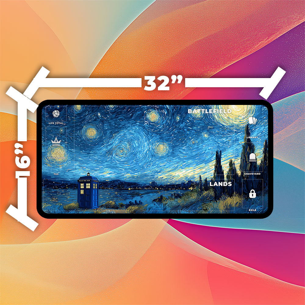 TARDIS Starry Night Playmat | TCG Playmat | Doctor Who Playmat Zones Option | 24x14 | 32x16