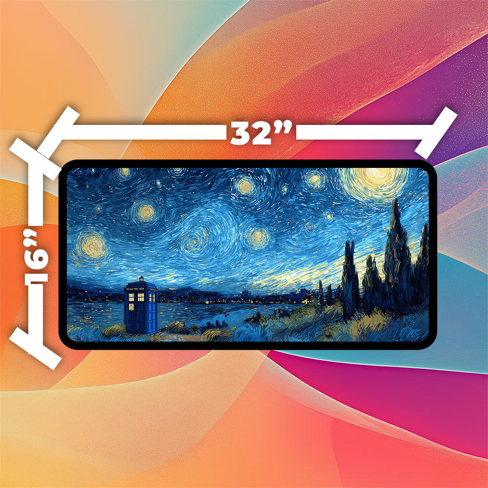 TARDIS Starry Night Playmat | TCG Playmat | Doctor Who Playmat Zones Option | 24x14 | 32x16