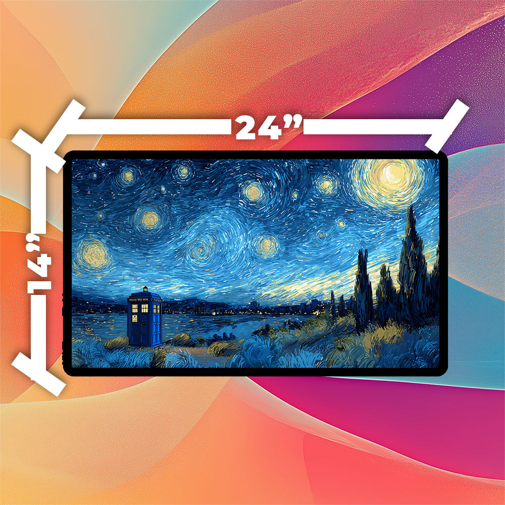 TARDIS Starry Night Playmat | TCG Playmat | Doctor Who Playmat Zones Option | 24x14 | 32x16