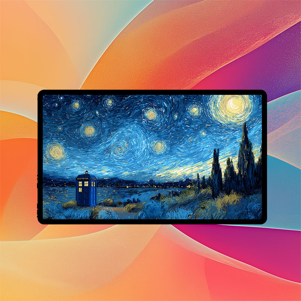 TARDIS Starry Night Playmat | TCG Playmat | Doctor Who Playmat Zones Option | 24x14 | 32x16