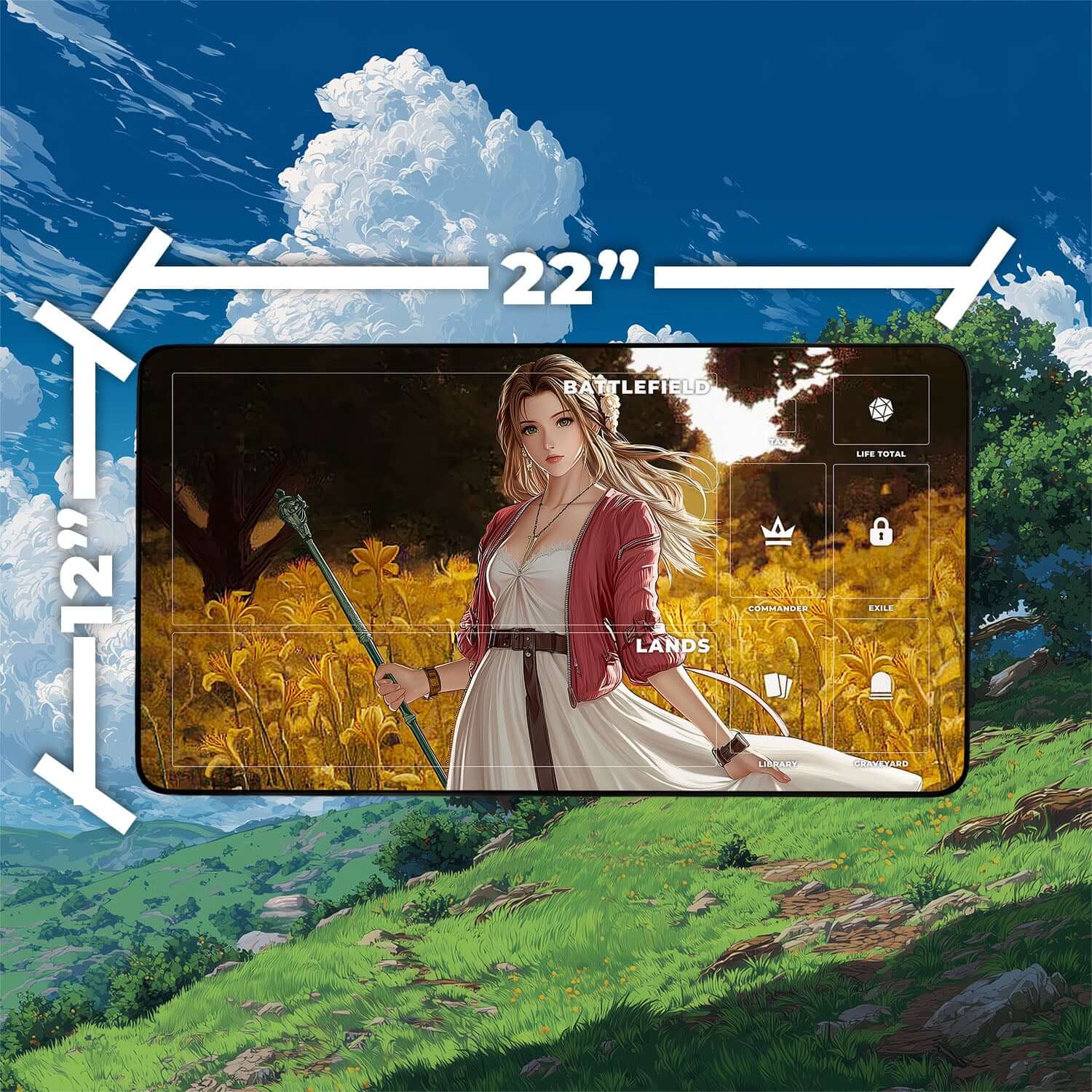 Aerith Gainsborough Playmat | Final Fantasy Playmat | Iconic Fantasy Healer Playmat with Zones Option | 24x14 | 22x12 | 32x16 Sizes