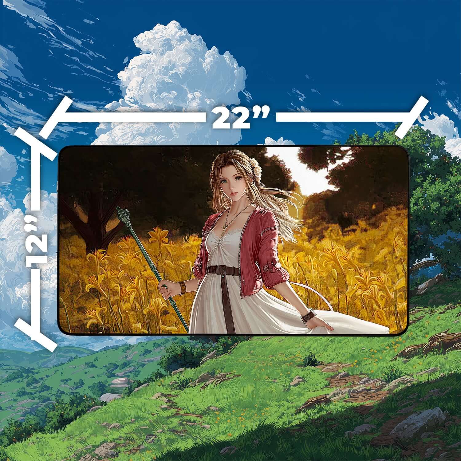 Aerith Gainsborough Playmat | Final Fantasy Playmat | Iconic Fantasy Healer Playmat with Zones Option | 24x14 | 22x12 | 32x16 Sizes