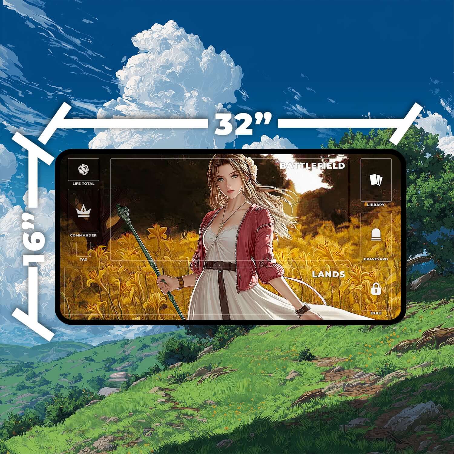 Aerith Gainsborough Playmat | Final Fantasy Playmat | Iconic Fantasy Healer Playmat with Zones Option | 24x14 | 22x12 | 32x16 Sizes