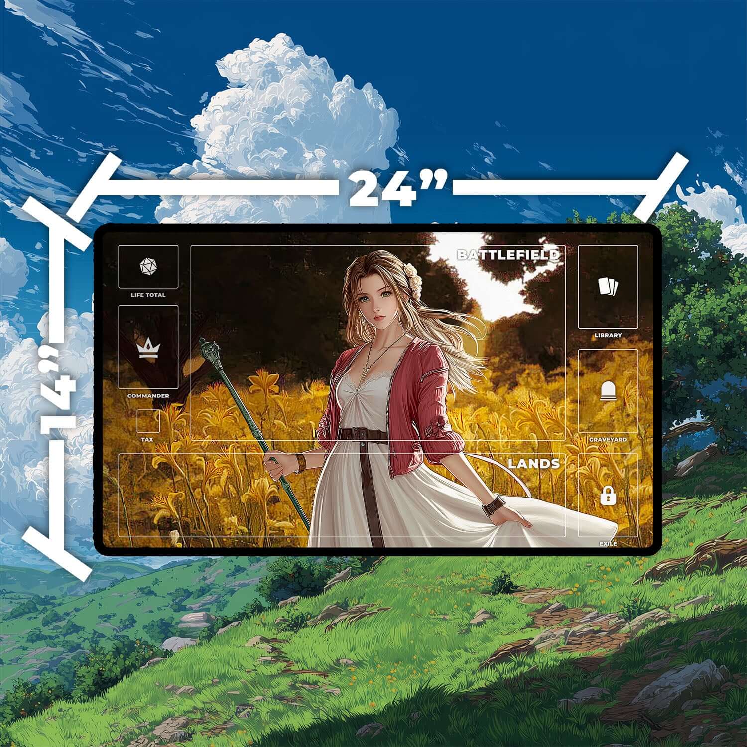 Aerith Gainsborough Playmat | Final Fantasy Playmat | Iconic Fantasy Healer Playmat with Zones Option | 24x14 | 22x12 | 32x16 Sizes
