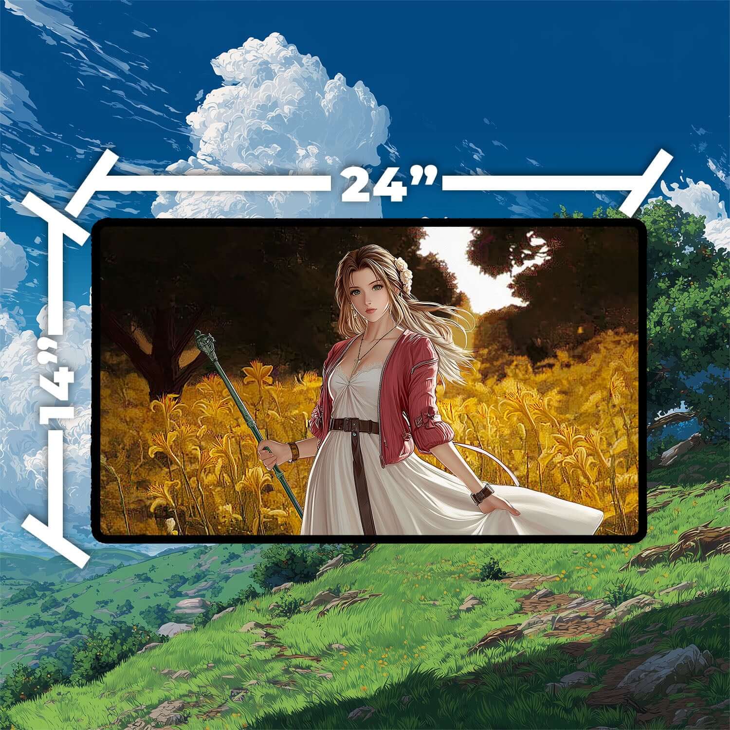Aerith Gainsborough Playmat | Final Fantasy Playmat | Iconic Fantasy Healer Playmat with Zones Option | 24x14 | 22x12 | 32x16 Sizes