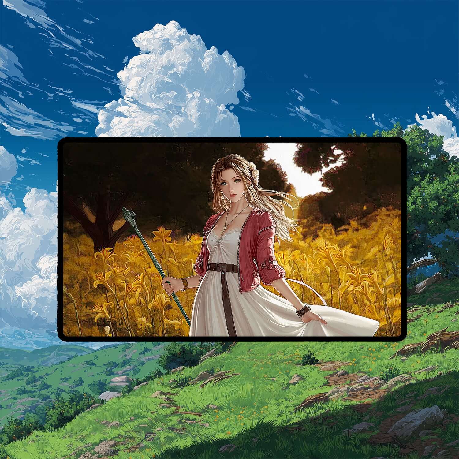 Aerith Gainsborough Playmat | Final Fantasy Playmat | Iconic Fantasy Healer Playmat with Zones Option | 24x14 | 22x12 | 32x16 Sizes