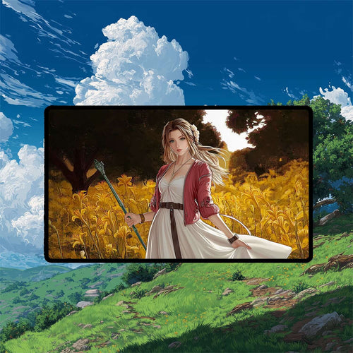 Aerith Gainsborough Playmat | Final Fantasy Playmat | Iconic Fantasy Healer Playmat with Zones Option | 24x14 | 22x12 | 32x16 Sizes