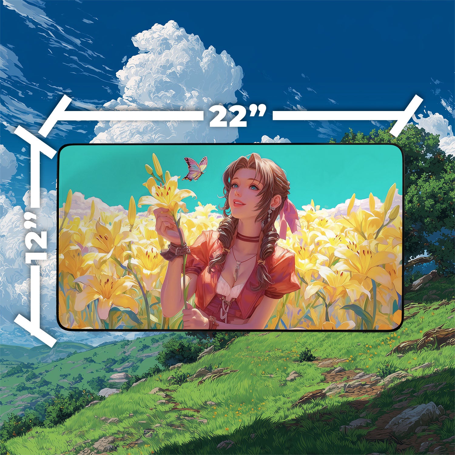 Aerith, Last Ancient Playmat | Final Fantasy Playmat | Iconic Fantasy Heroine Playmat with Zones Option | 24x14 | 22x12 | 32x16 Sizes
