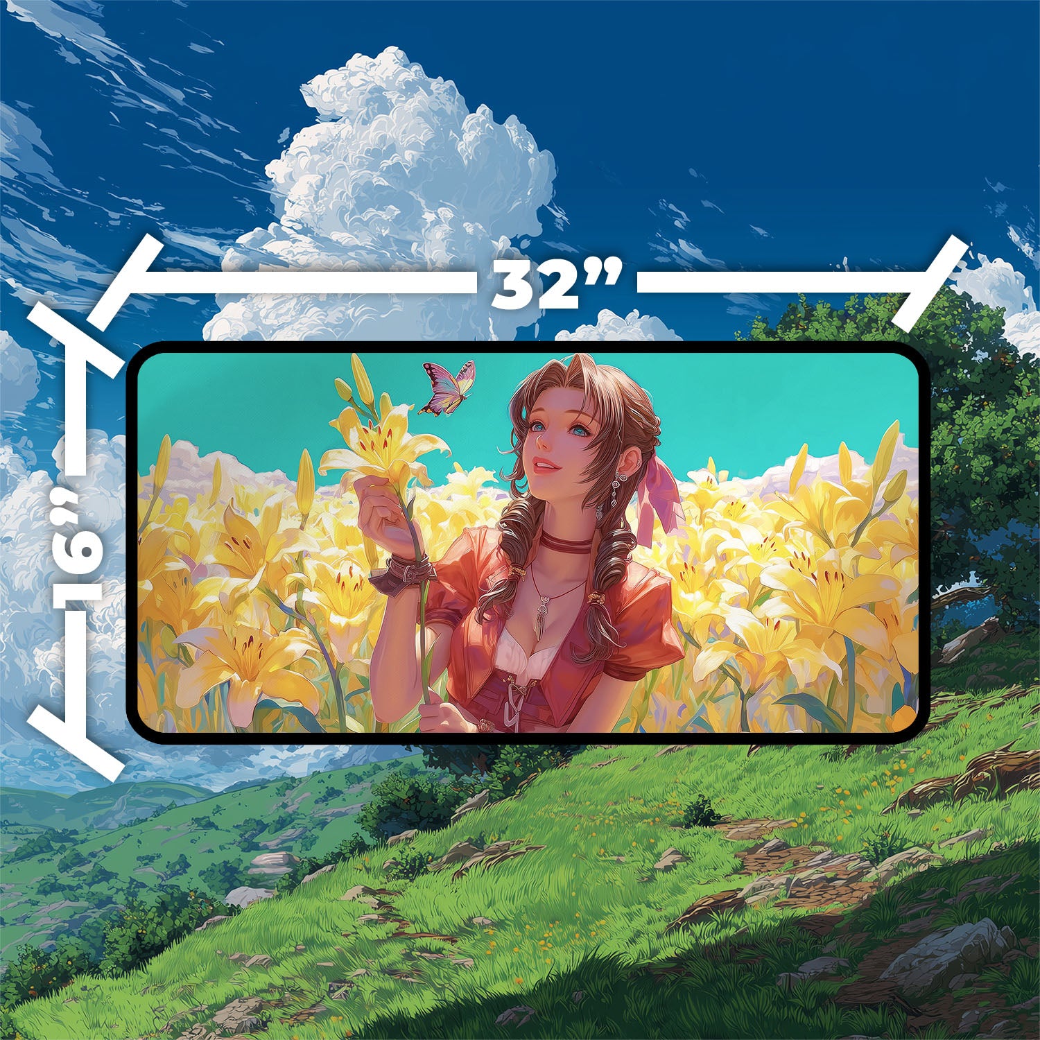 Aerith, Last Ancient Playmat | Final Fantasy Playmat | Iconic Fantasy Heroine Playmat with Zones Option | 24x14 | 22x12 | 32x16 Sizes