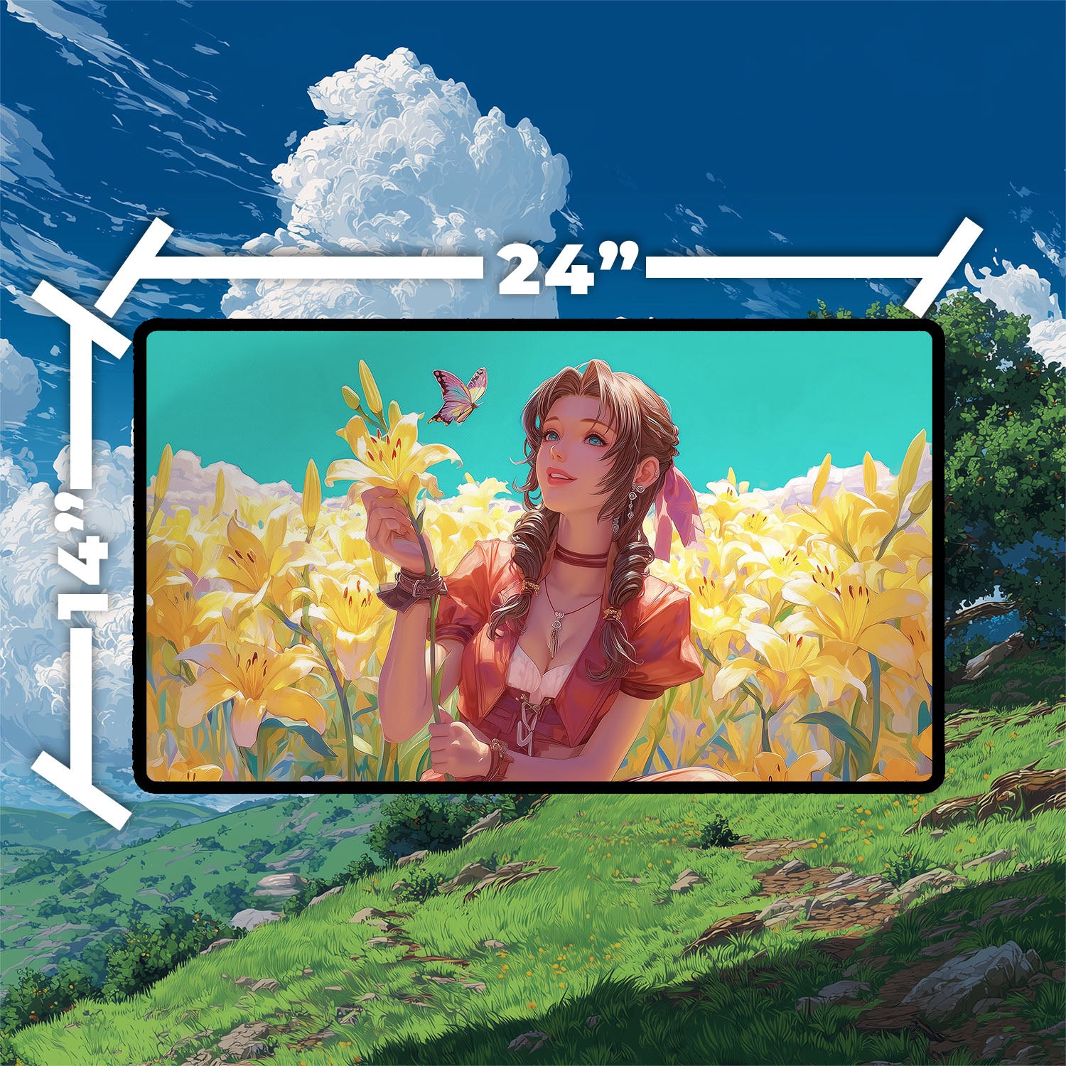 Aerith, Last Ancient Playmat | Final Fantasy Playmat | Iconic Fantasy Heroine Playmat with Zones Option | 24x14 | 22x12 | 32x16 Sizes