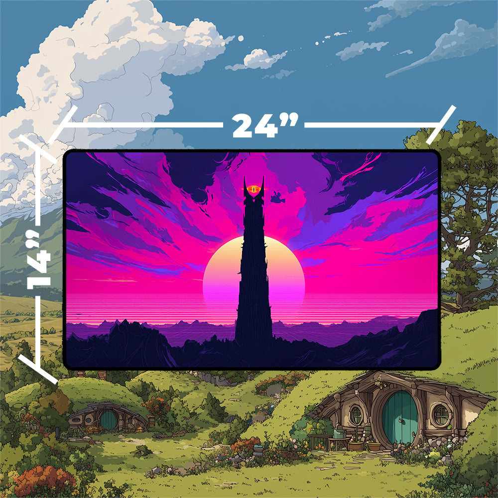 Mordor playmat featuring Barad-dur tower against a vibrant vaporwave sunset background.