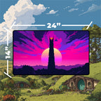 Mordor playmat featuring Barad-dur tower against a vibrant vaporwave sunset background.