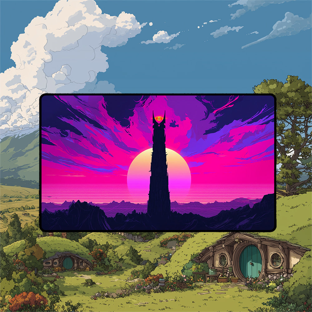 Mordor playmat featuring Barad-dur with vibrant vaporwave colors against a fantasy landscape.