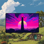 Mordor playmat featuring Barad-dur with vibrant vaporwave colors against a fantasy landscape.