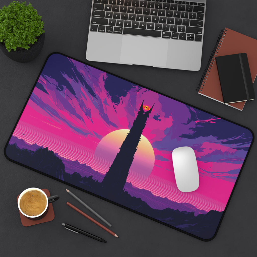 Mordor playmat featuring the silhouette of Barad-dur against a vibrant vaporwave sunset with pink and purple hues.