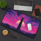 Mordor playmat featuring the silhouette of Barad-dur against a vibrant vaporwave sunset with pink and purple hues.