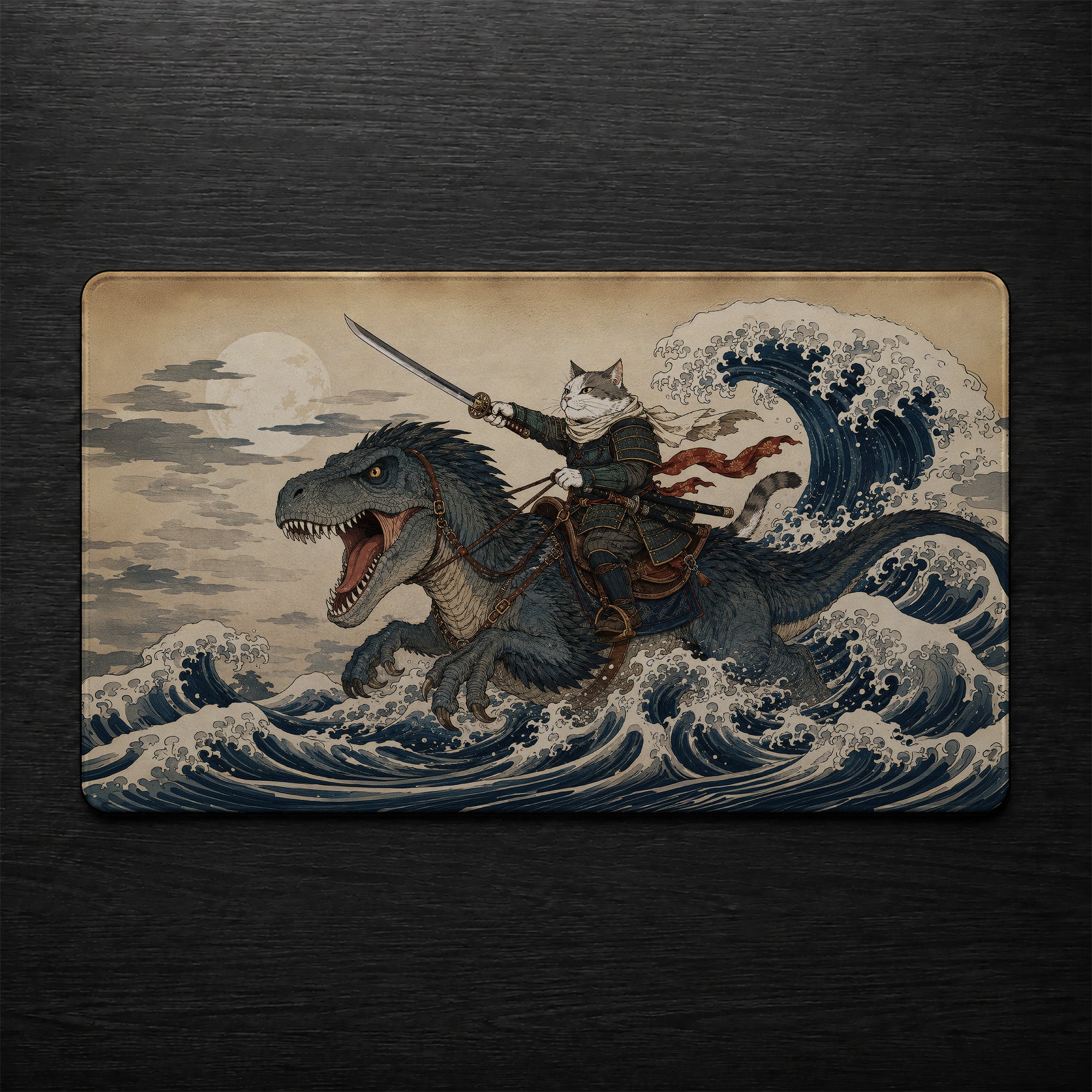 Samurai Cat Warrior Ukiyo-e Wave Desk Mat 24x14 36x18 48x24