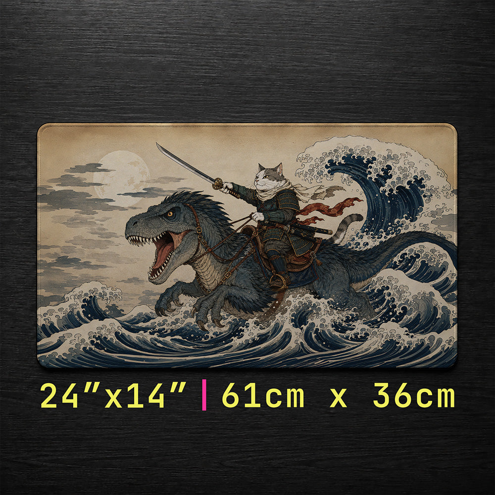 Samurai Cat Warrior Ukiyo-e Wave Desk Mat 24x14 36x18 48x24