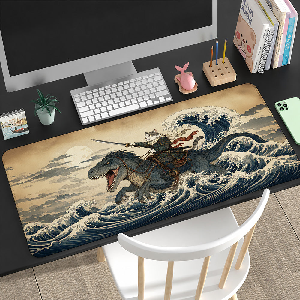 Samurai Cat Warrior Ukiyo-e Wave Desk Mat 24x14 36x18 48x24