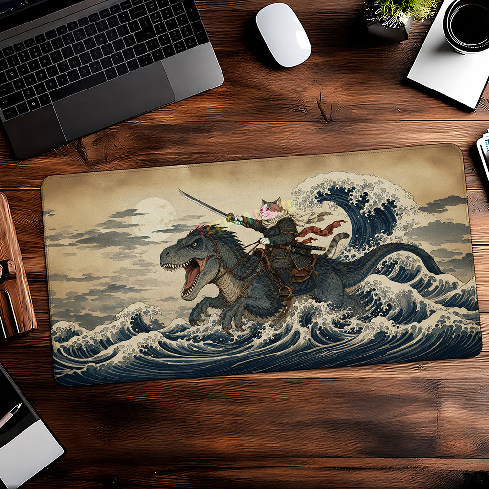 Samurai Cat Warrior Ukiyo-e Wave Desk Mat 24x14 36x18 48x24