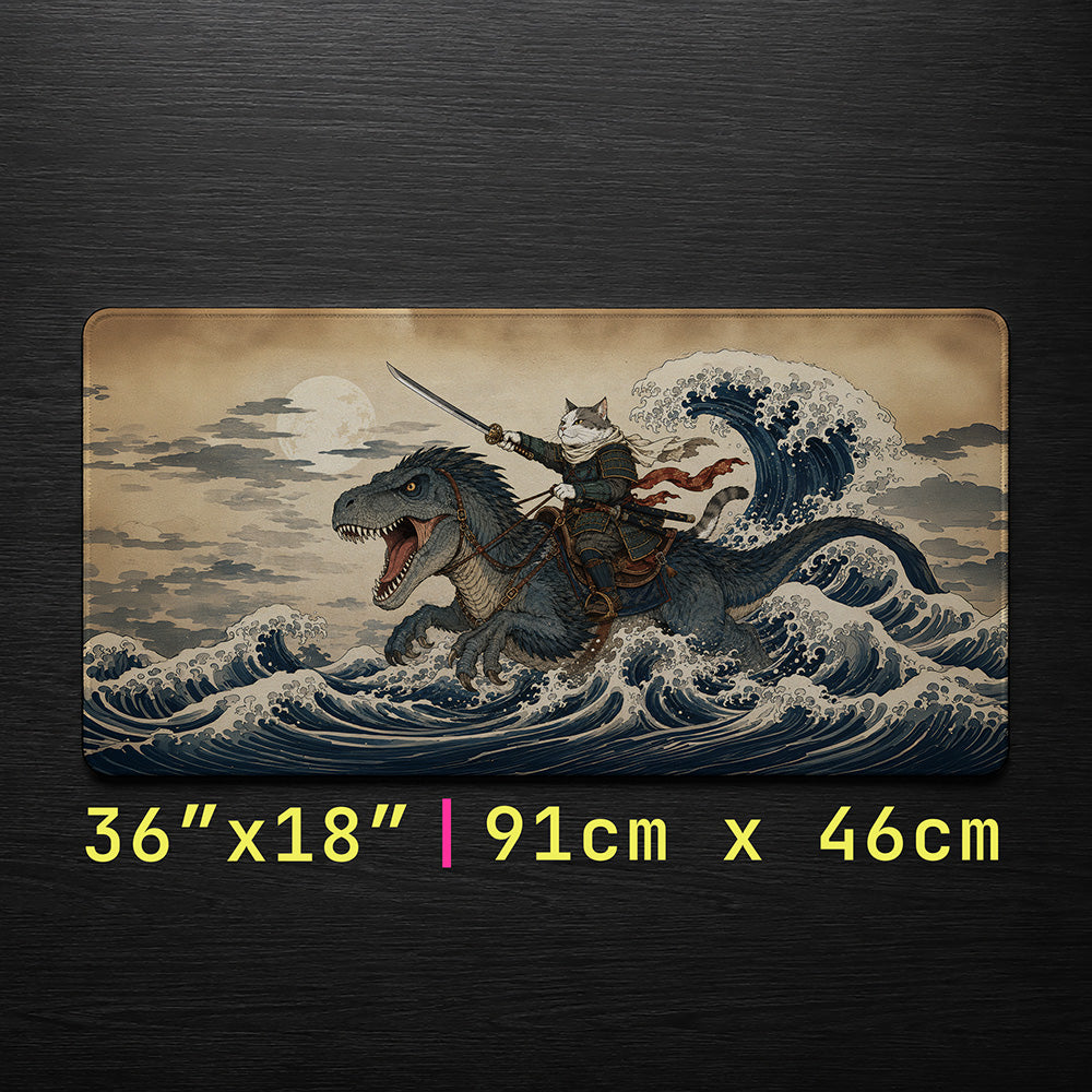 Samurai Cat Warrior Ukiyo-e Wave Desk Mat 24x14 36x18 48x24