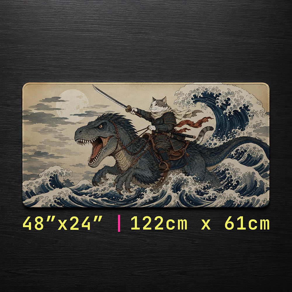 Samurai Cat Warrior Ukiyo-e Wave Desk Mat 24x14 36x18 48x24