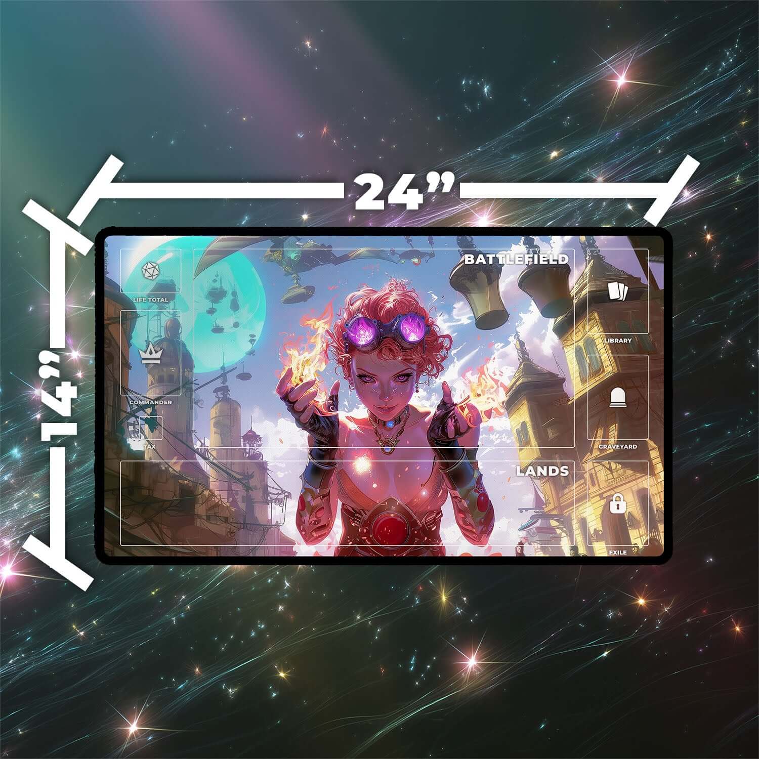 Chandra Nalaar Playmat | Magic the Gathering Playmat | Redhead Planeswalker Playmat with Zones Option | 24x14 | 22x12 | 32x16 Sizes