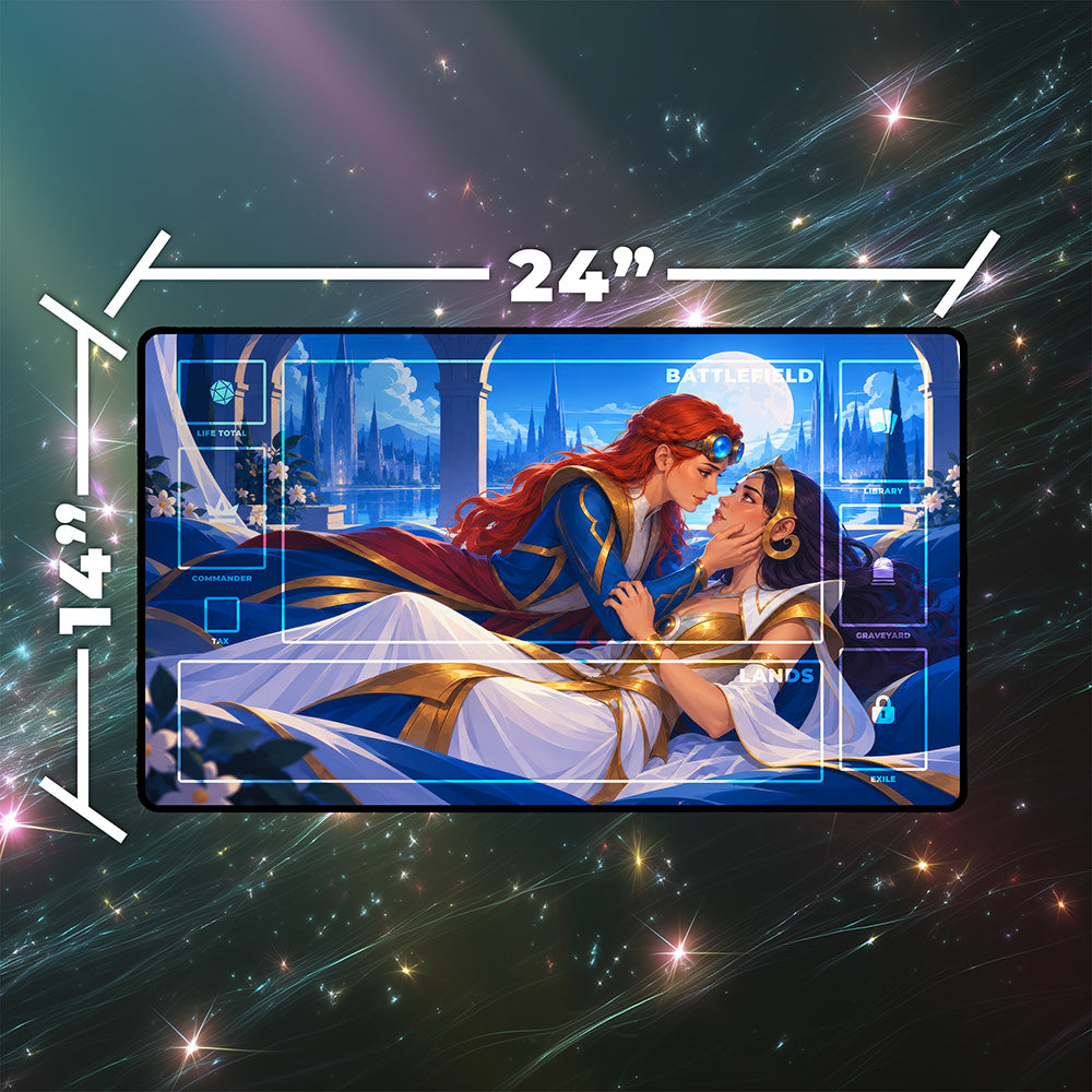 Two Sorceresses Reunited Moonlit Palace Balcony Fantasy Playmat 24x14 32x16